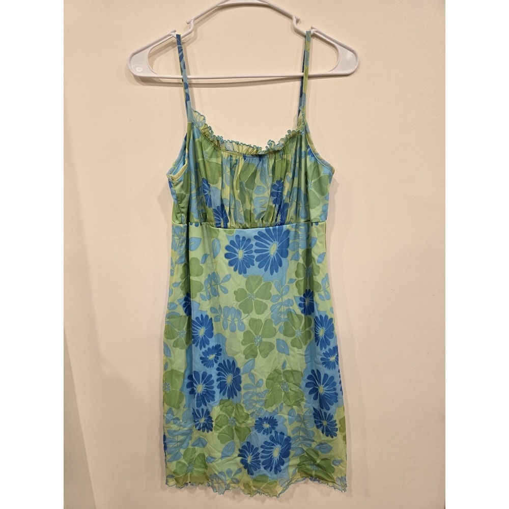 Y2K 90s Empire Waist Lettuce Trim Mini Slip Dress Size L Twee 70s Style Retro